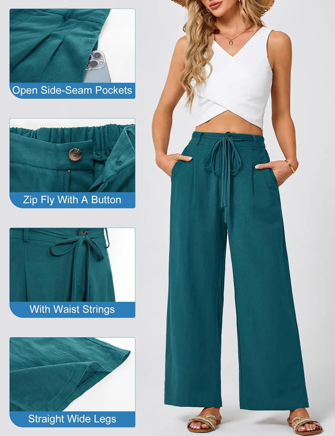 JASAMBAC Women's Linen Palazzo Lounge Pants High Waist Straight Wide Leg Summer Beach Causal Trousers with Double Belts
