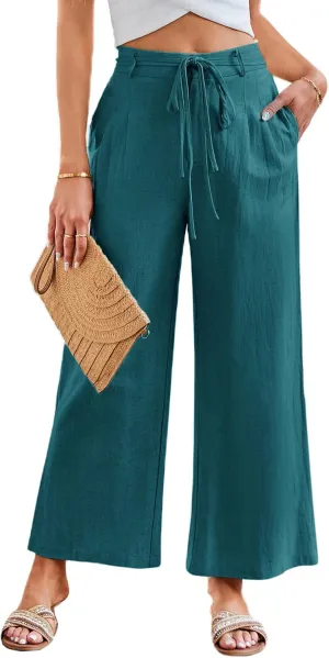 JASAMBAC Women's Linen Palazzo Lounge Pants High Waist Straight Wide Leg Summer Beach Causal Trousers with Double Belts