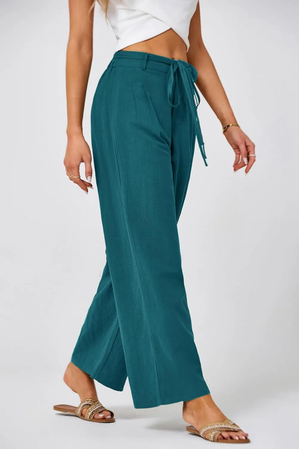 JASAMBAC Women's Linen Palazzo Lounge Pants High Waist Straight Wide Leg Summer Beach Causal Trousers with Double Belts