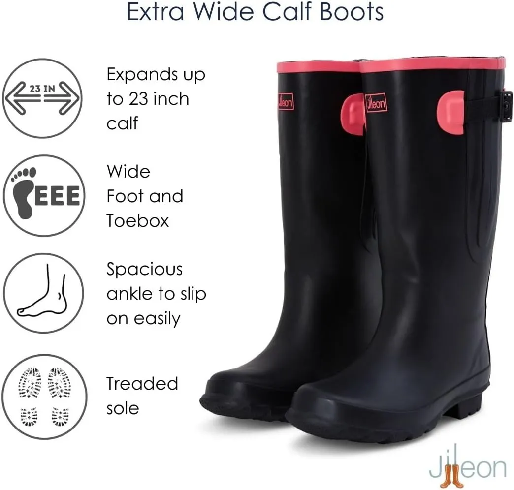 Jileon Wide Fit Womens Rain Boots - Fit up to 18” Calves - Unique Design For Wide Feet, Ankles & Calves