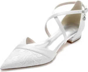 JOEupin Women's Pointed Toe Wedding Flats for Bride Low Heels Cross Ankle Strap Bridal Flats Evening Prom Party Dress Shoes Pumps