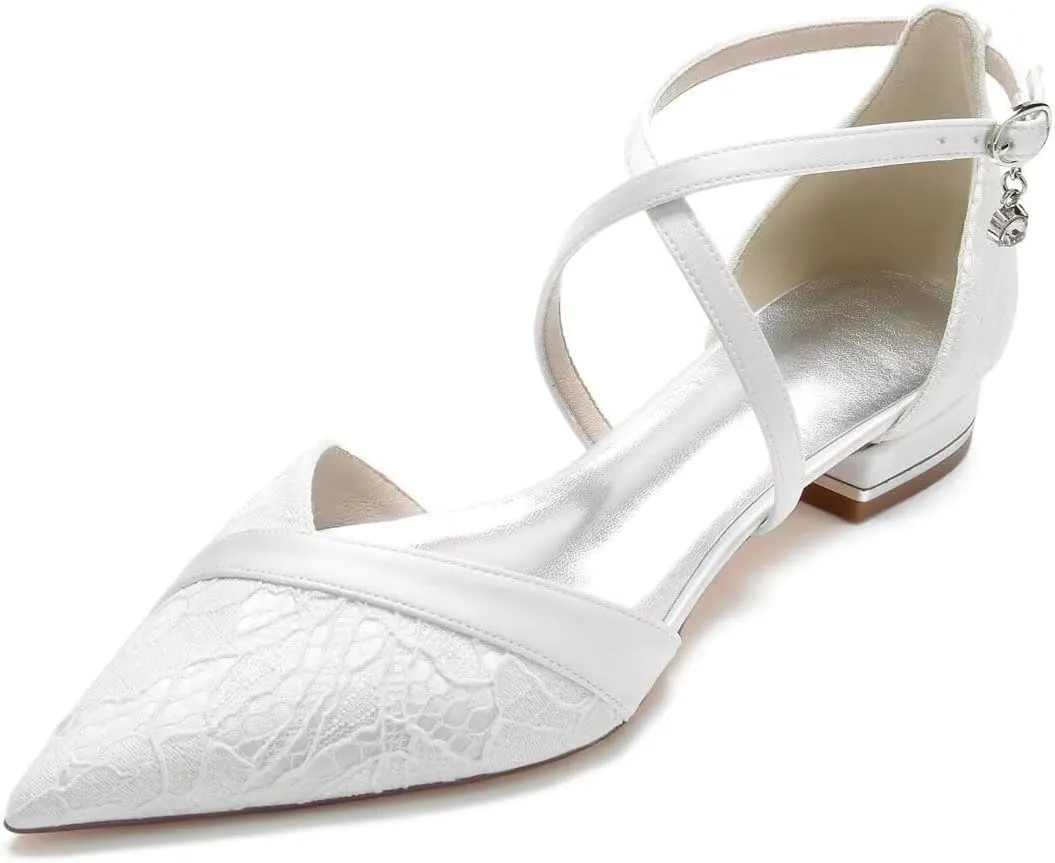 JOEupin Women's Pointed Toe Wedding Flats for Bride Low Heels Cross Ankle Strap Bridal Flats Evening Prom Party Dress Shoes Pumps