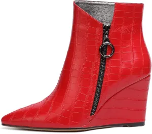 Joseywade Ankle Boots Wedge Heels for Women Pointed Toe Wedge Booties Zipper Closure with Fur 3.5 Inches Short Boots