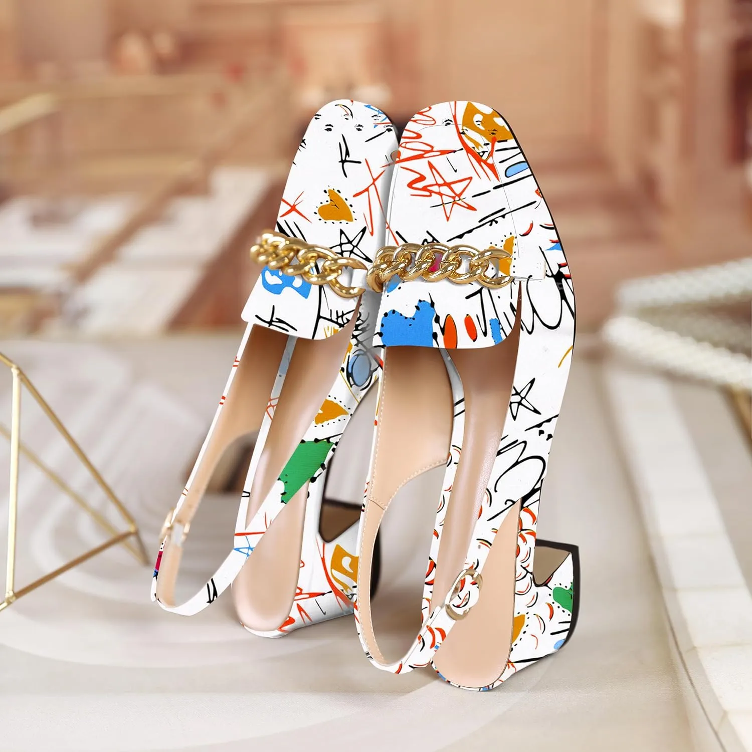 Joseywade Women Slingback Low Block Chunky Heel Pumps Chain Heels Closed Square Toe Dress Shoes 2 Inch Heeled Sandals with Adjustable Strap