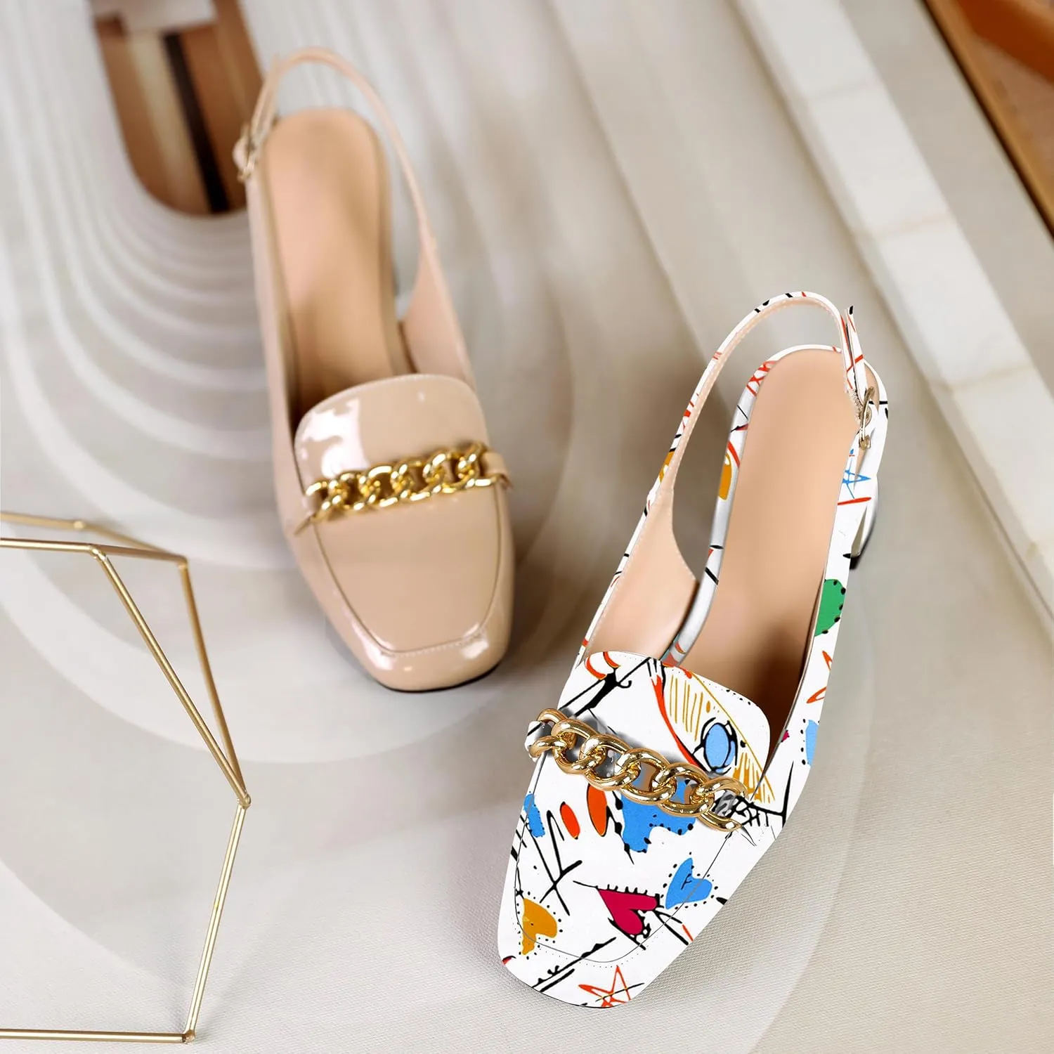 Joseywade Women Slingback Low Block Chunky Heel Pumps Chain Heels Closed Square Toe Dress Shoes 2 Inch Heeled Sandals with Adjustable Strap