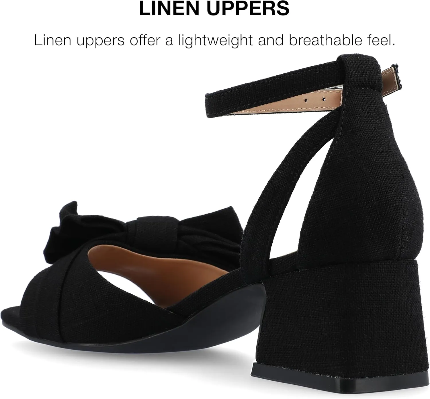 Journee Womens Linen Bow Knot Covered Block Heel Open Square Toe Buckle Ankle Zevi Comfort Foam Sandals