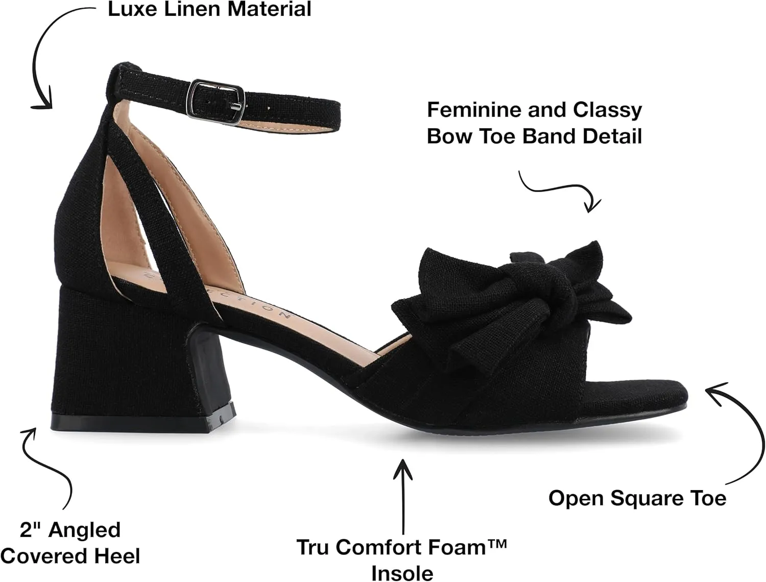 Journee Womens Linen Bow Knot Covered Block Heel Open Square Toe Buckle Ankle Zevi Comfort Foam Sandals