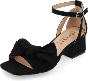 Journee Womens Linen Bow Knot Covered Block Heel Open Square Toe Buckle Ankle Zevi Comfort Foam Sandals