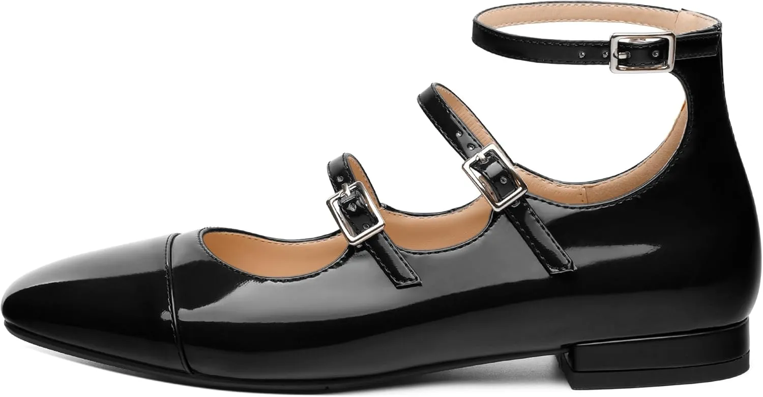 JUSTDANNI Flats for Women Mary Jane Shoes with Round Toe Low Chunky Block Heels Fashion Patent Ankle Strap Pumps for Wedding Party Dating Work