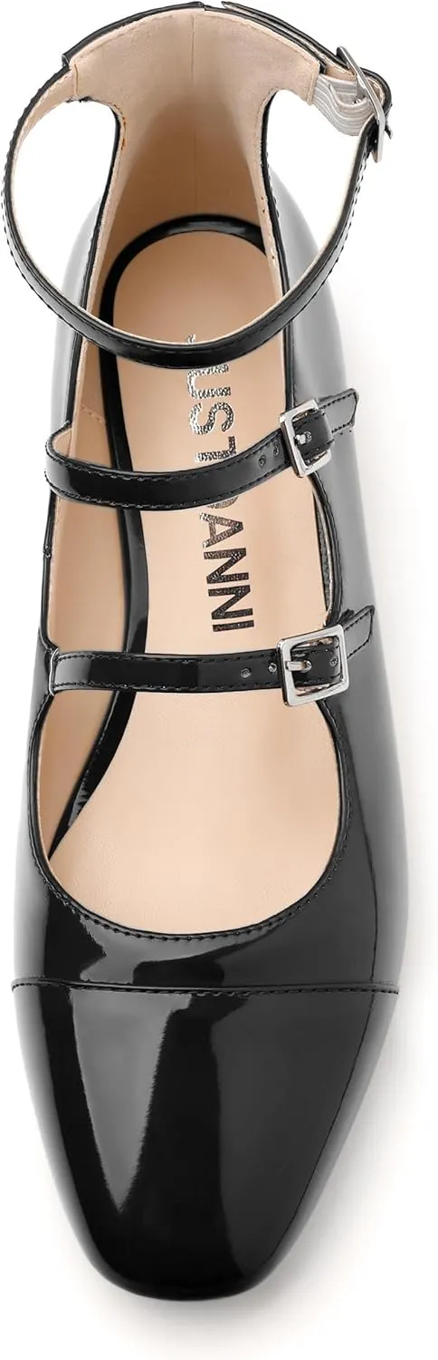 JUSTDANNI Flats for Women Mary Jane Shoes with Round Toe Low Chunky Block Heels Fashion Patent Ankle Strap Pumps for Wedding Party Dating Work