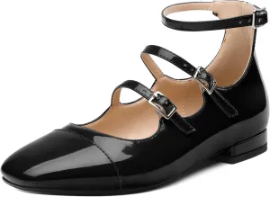 JUSTDANNI Flats for Women Mary Jane Shoes with Round Toe Low Chunky Block Heels Fashion Patent Ankle Strap Pumps for Wedding Party Dating Work
