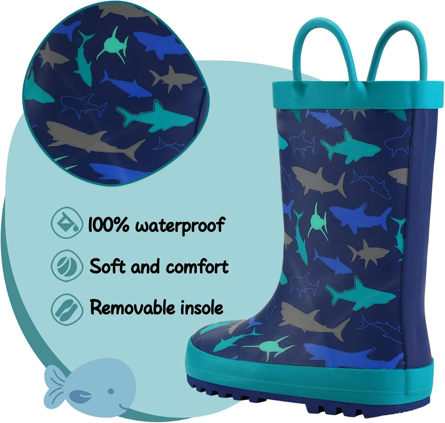 K KomForme Kids Rain Boots Waterproof Printed Rubber boots with Handles