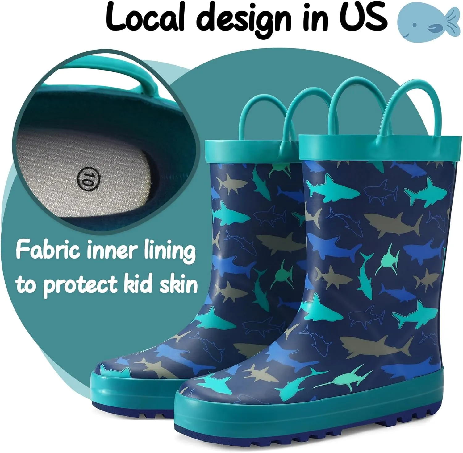 K KomForme Kids Rain Boots Waterproof Printed Rubber boots with Handles