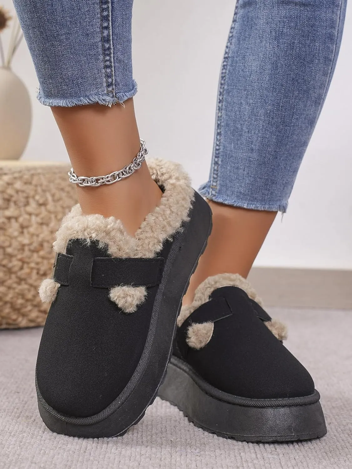 Katutude Women's Slippers Thick Rubber Sole Fleece Lined Snow Boots Slip-On Shoes Soft Comfy Indoor Outdoor Anti-Slip Slipper Shoes