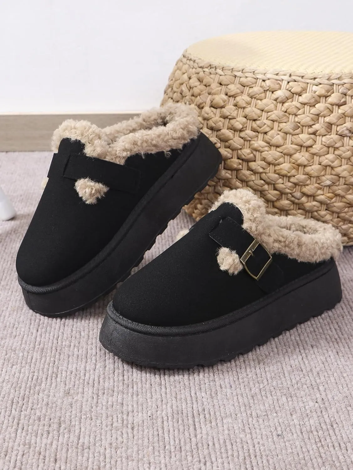 Katutude Women's Slippers Thick Rubber Sole Fleece Lined Snow Boots Slip-On Shoes Soft Comfy Indoor Outdoor Anti-Slip Slipper Shoes