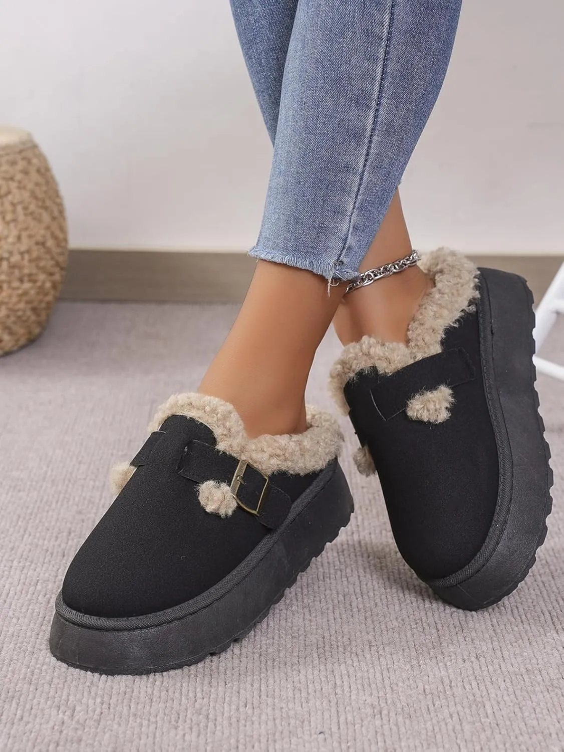 Katutude Women's Slippers Thick Rubber Sole Fleece Lined Snow Boots Slip-On Shoes Soft Comfy Indoor Outdoor Anti-Slip Slipper Shoes