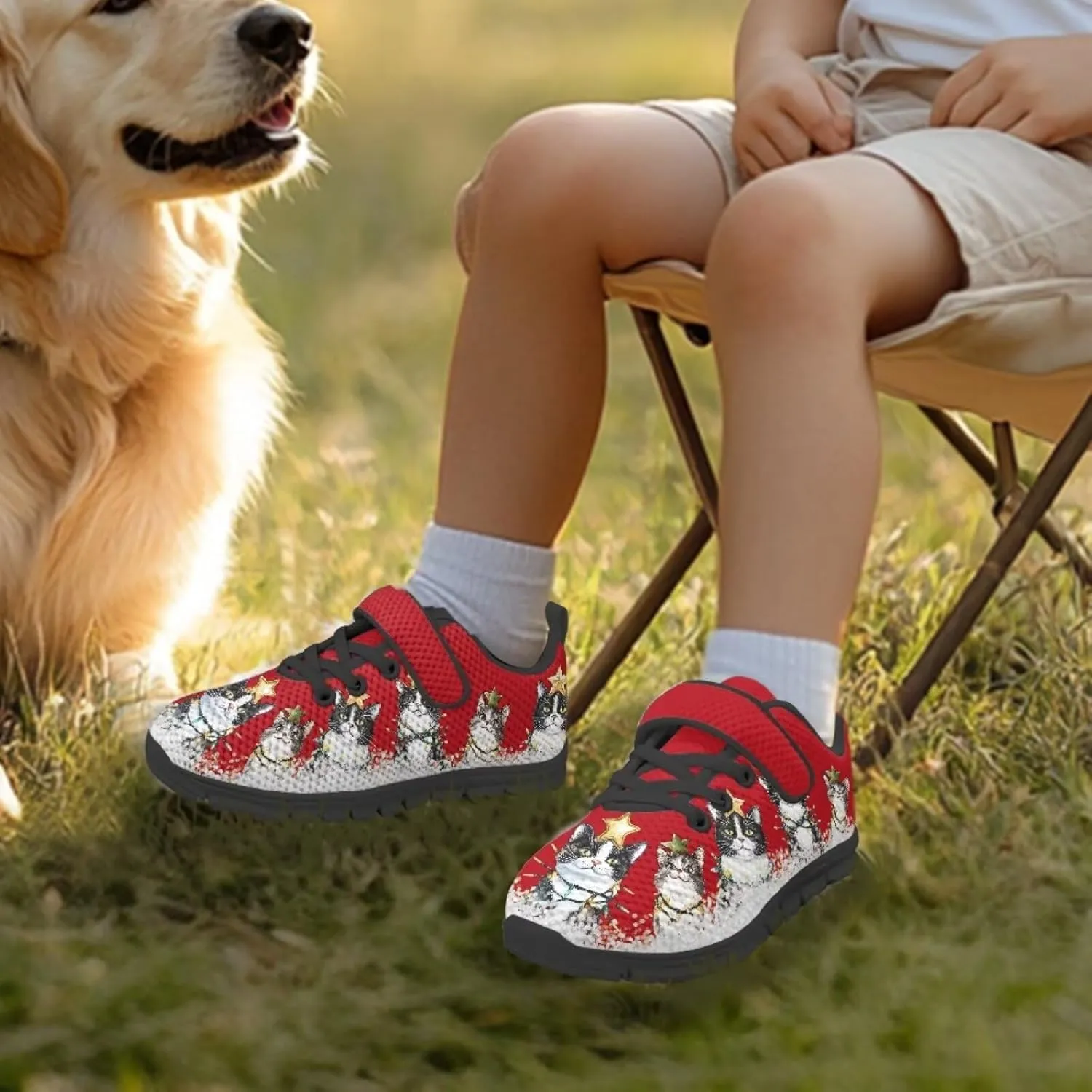Kids Christmas Shoes for Girls Boys Single Buckle Sneakers Breathable Lightweight Mesh Running Walking Shoes