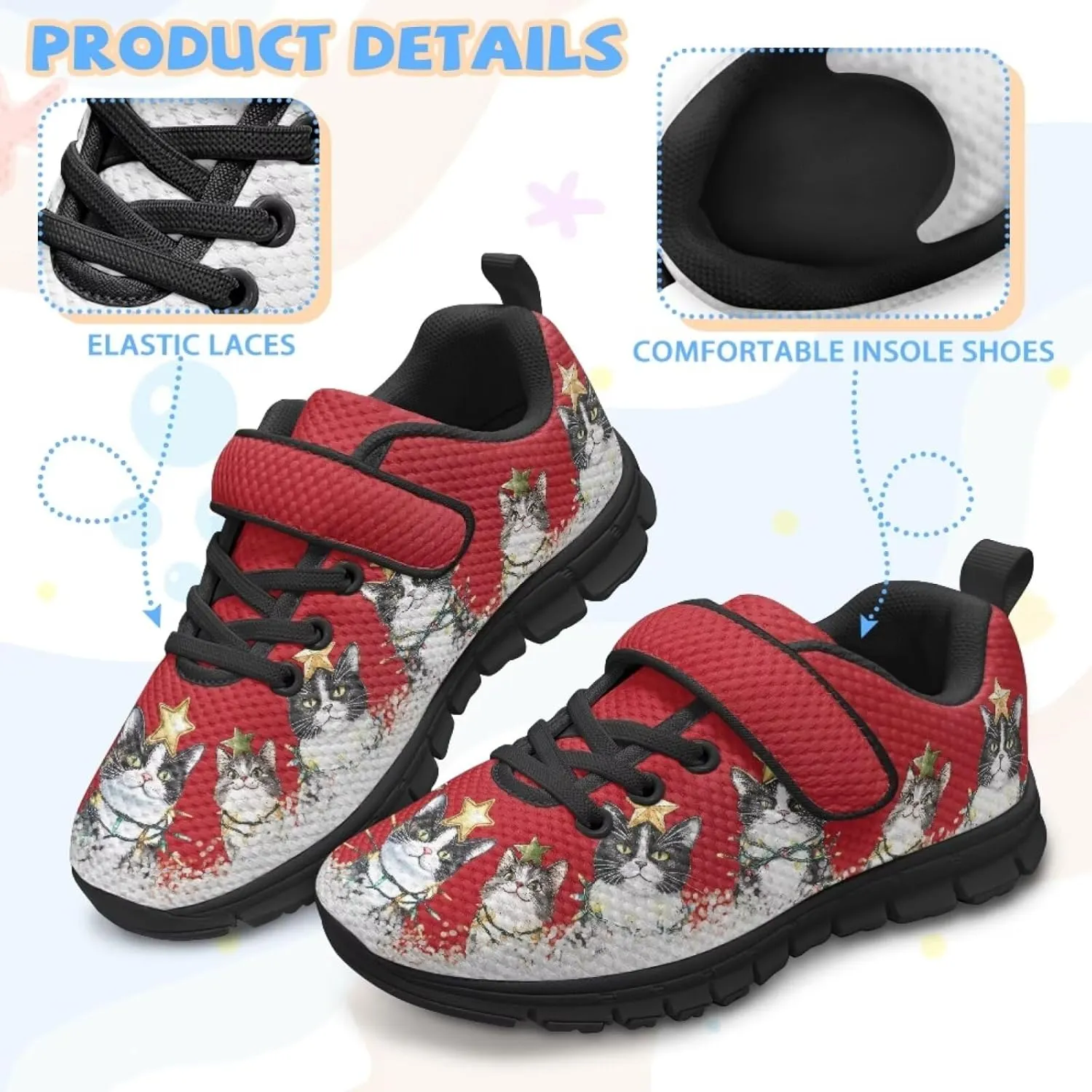Kids Christmas Shoes for Girls Boys Single Buckle Sneakers Breathable Lightweight Mesh Running Walking Shoes