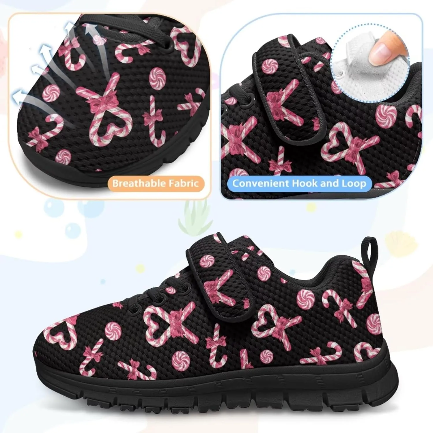 Kids Christmas Shoes for Girls Boys Single Buckle Sneakers Breathable Lightweight Mesh Running Walking Shoes