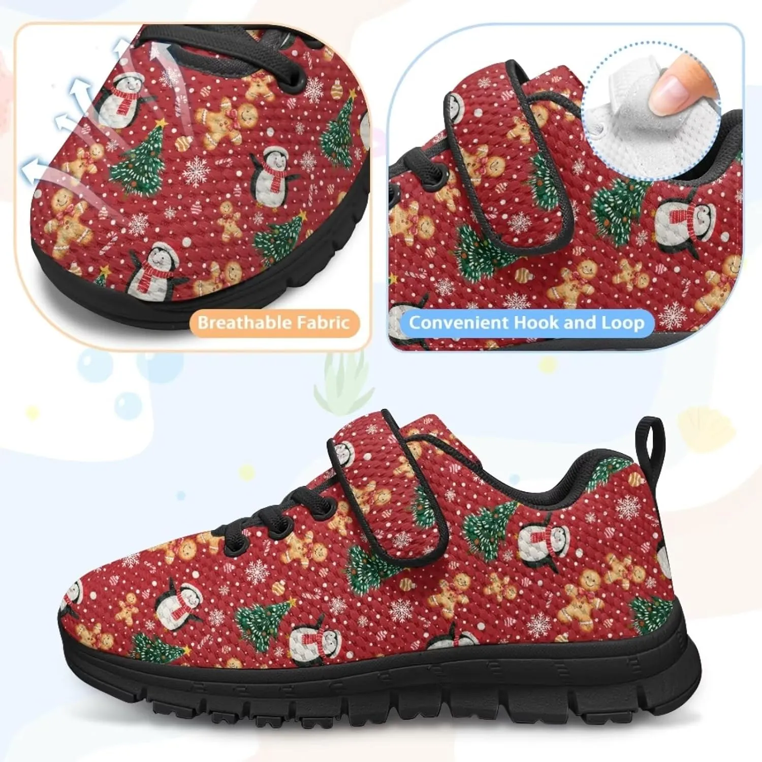 Kids Christmas Shoes for Girls Boys Single Buckle Sneakers Breathable Lightweight Mesh Running Walking Shoes