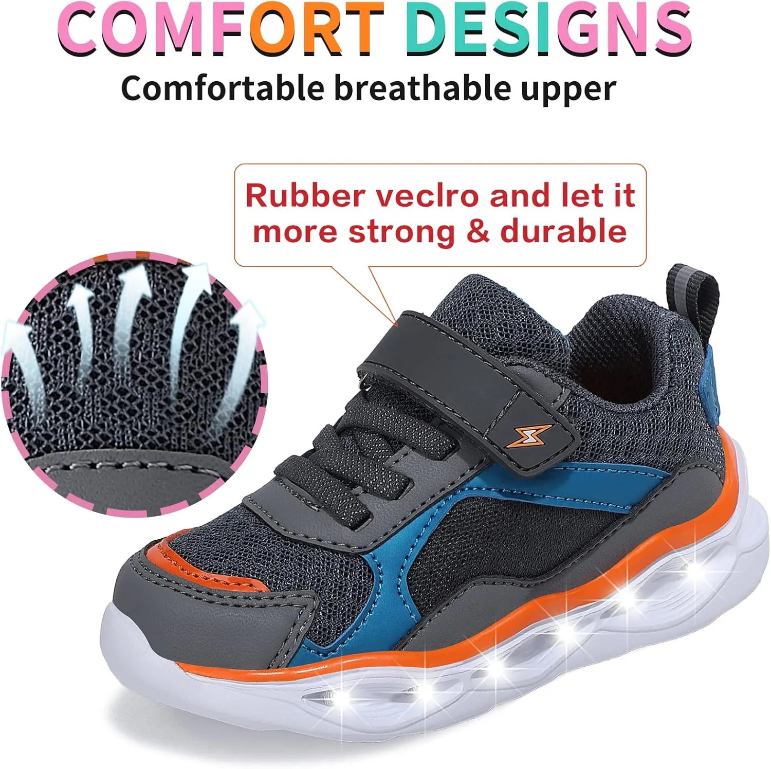 Kids LED Light Up Sneakers Breathable Sport Casual Girls Boys Shoes Adjustable Strap Flashing for Toddler/Little Kid