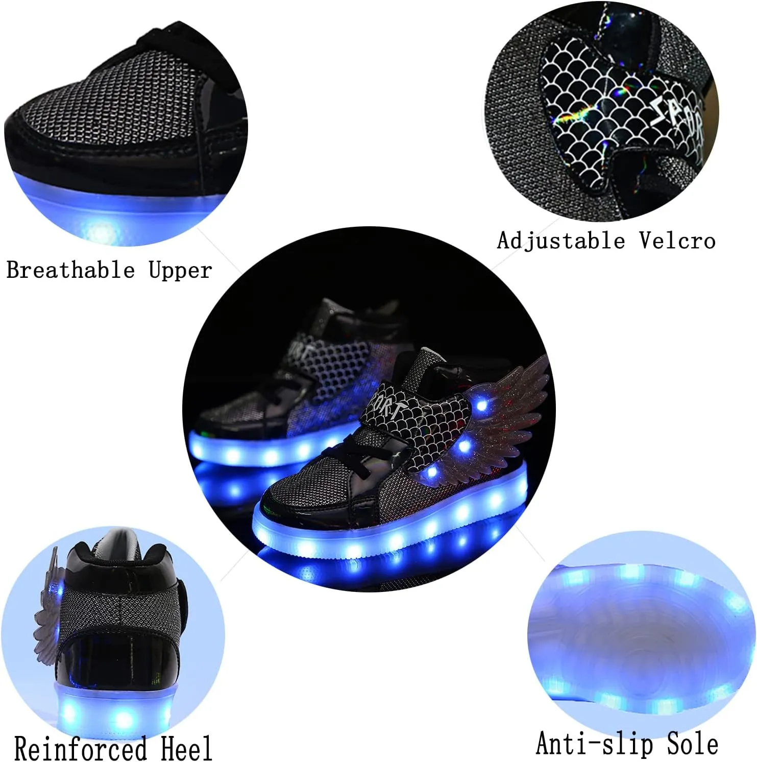 Kids Light up Shoes LED USB Charging Flashing High-top Wings Sneakers Boys Girls Trainers for Festivals Halloween Christmas New Year Party Great Gift