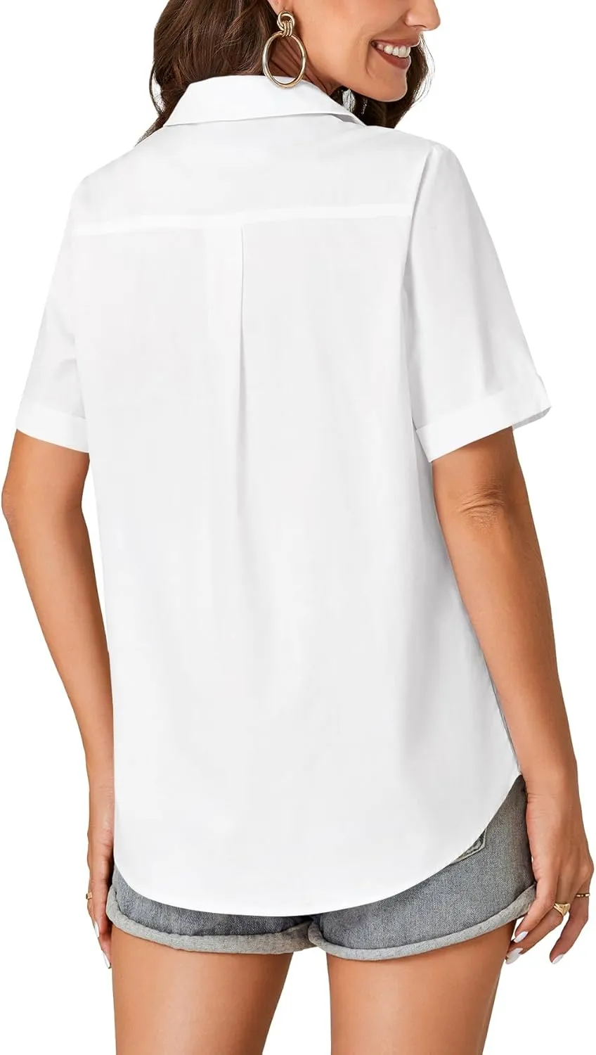 KIFOVEN Women’s Short Sleeve Button Down Shirt Collared Cotton Casual Summer Blouse Top with Pocket