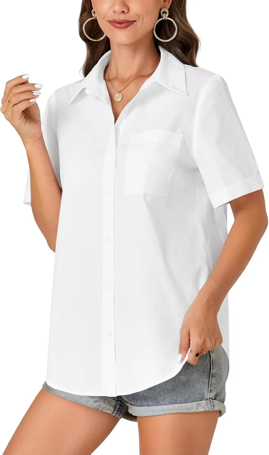 KIFOVEN Women’s Short Sleeve Button Down Shirt Collared Cotton Casual Summer Blouse Top with Pocket