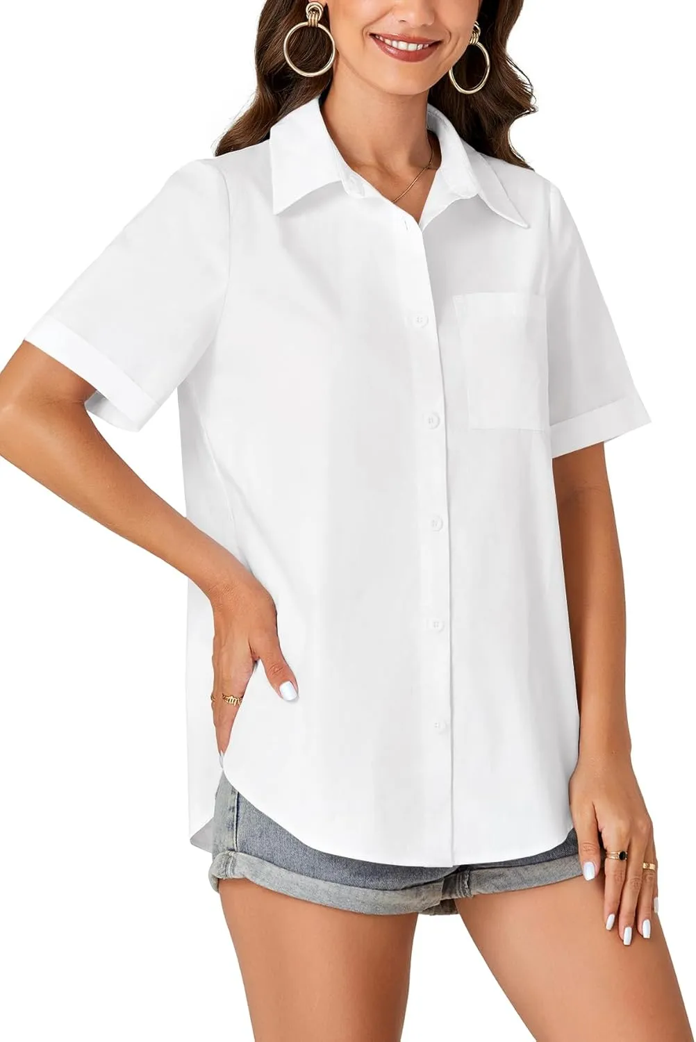 KIFOVEN Women’s Short Sleeve Button Down Shirt Collared Cotton Casual Summer Blouse Top with Pocket