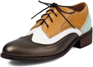 Large Size Heels Womens Leather Oxfords Shoes for Women Perforated Lace-up Wingtip Vintage Brogues Shoes