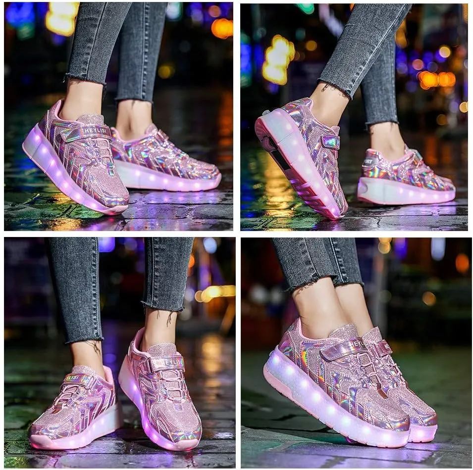 Led Rechargeable Single Wheel Roller Shoes, Single Wheel Retractable Roller Skates Shoes Roller Sneakers for Unisex Girls Boys Beginners GiftPink-USA 6