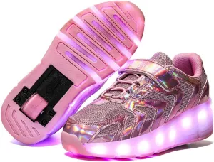 Led Rechargeable Single Wheel Roller Shoes, Single Wheel Retractable Roller Skates Shoes Roller Sneakers for Unisex Girls Boys Beginners GiftPink-USA 6