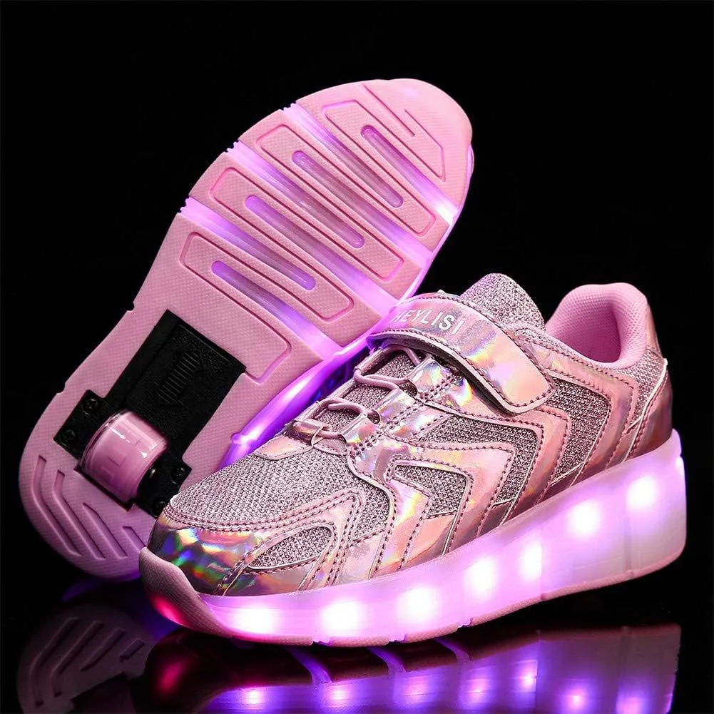 Led Rechargeable Single Wheel Roller Shoes, Single Wheel Retractable Roller Skates Shoes Roller Sneakers for Unisex Girls Boys Beginners GiftPink-USA 6