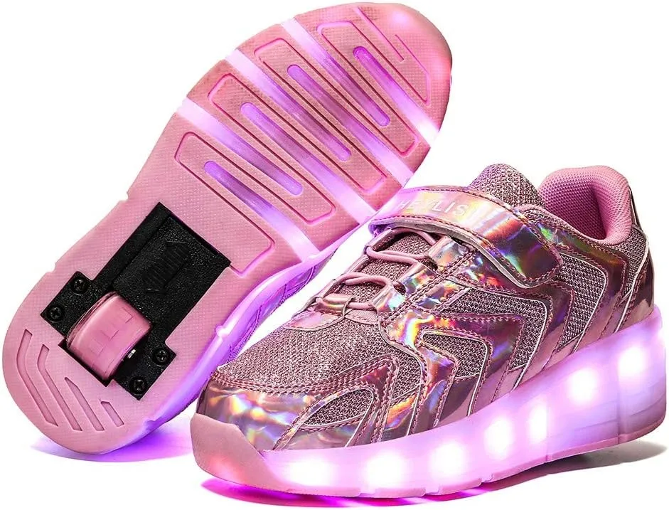 Led Rechargeable Single Wheel Roller Shoes, Single Wheel Retractable Roller Skates Shoes Roller Sneakers for Unisex Girls Boys Beginners GiftPink-USA 6