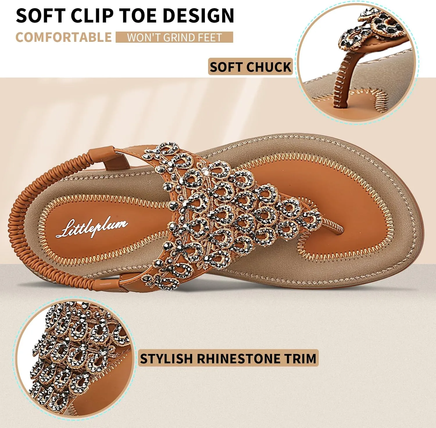 Littleplum Womens Sandals Arch Support Slingback Rhinestone Dressy Sandals Comfort Summer Shoes Ankle Strap Elastic Flats for Beach Walking