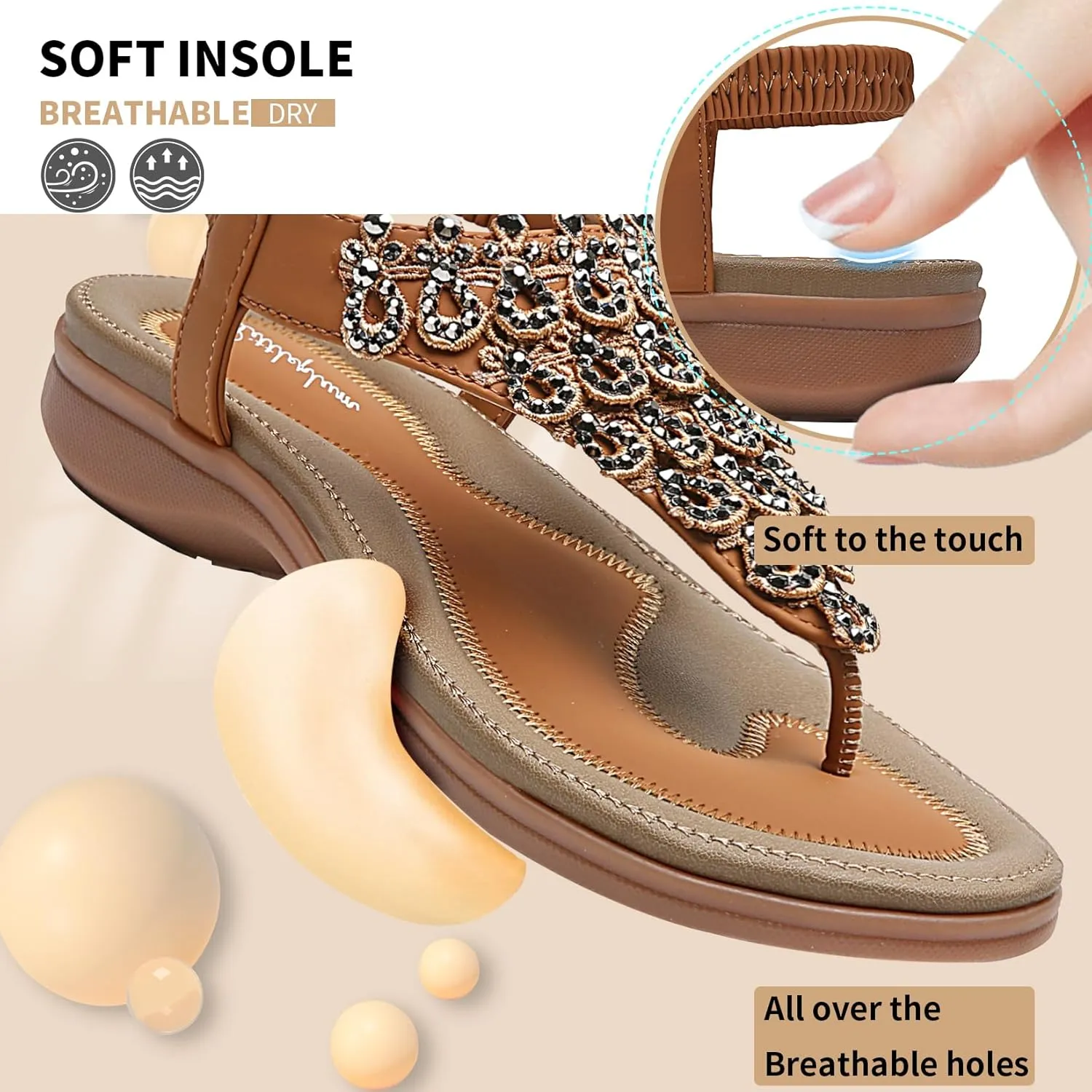 Littleplum Womens Sandals Arch Support Slingback Rhinestone Dressy Sandals Comfort Summer Shoes Ankle Strap Elastic Flats for Beach Walking