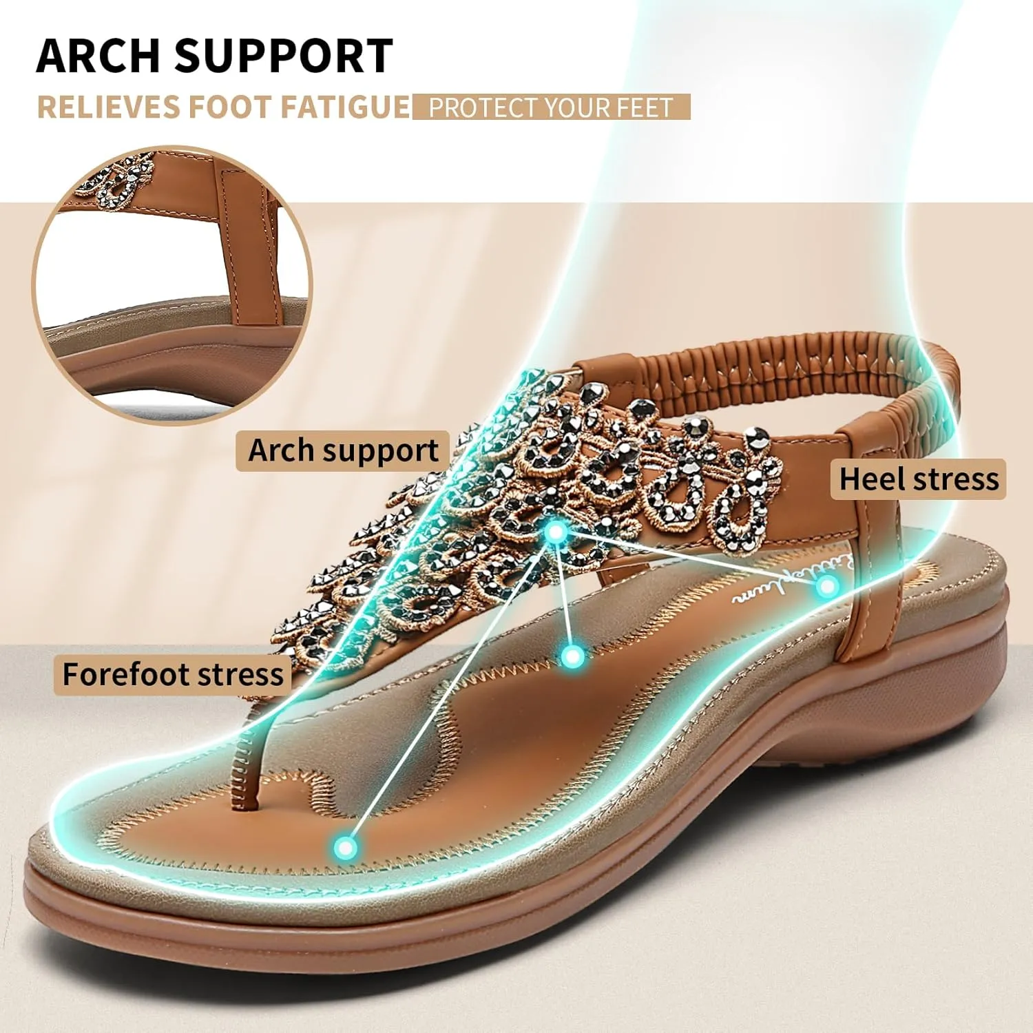 Littleplum Womens Sandals Arch Support Slingback Rhinestone Dressy Sandals Comfort Summer Shoes Ankle Strap Elastic Flats for Beach Walking