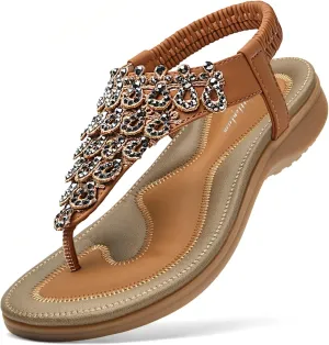 Littleplum Womens Sandals Arch Support Slingback Rhinestone Dressy Sandals Comfort Summer Shoes Ankle Strap Elastic Flats for Beach Walking