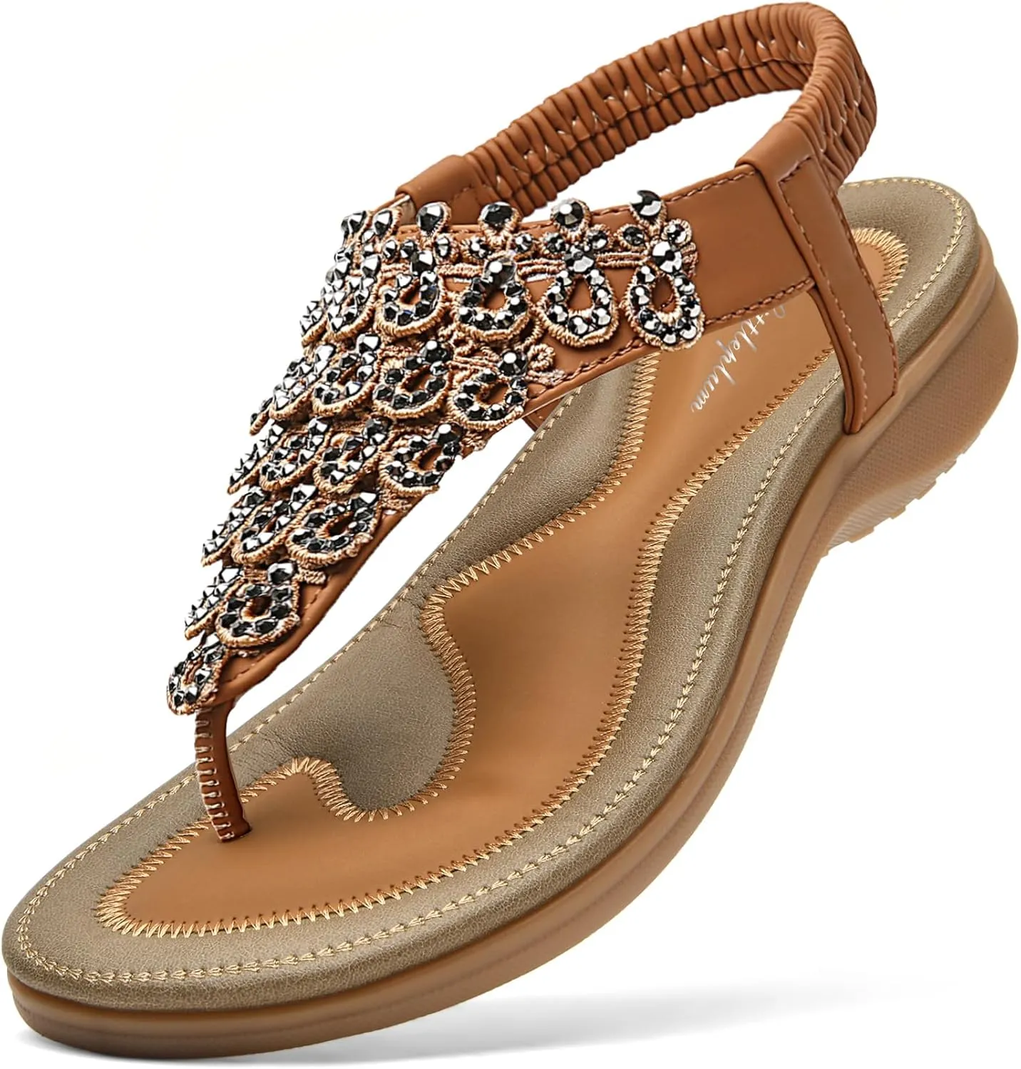 Littleplum Womens Sandals Arch Support Slingback Rhinestone Dressy Sandals Comfort Summer Shoes Ankle Strap Elastic Flats for Beach Walking