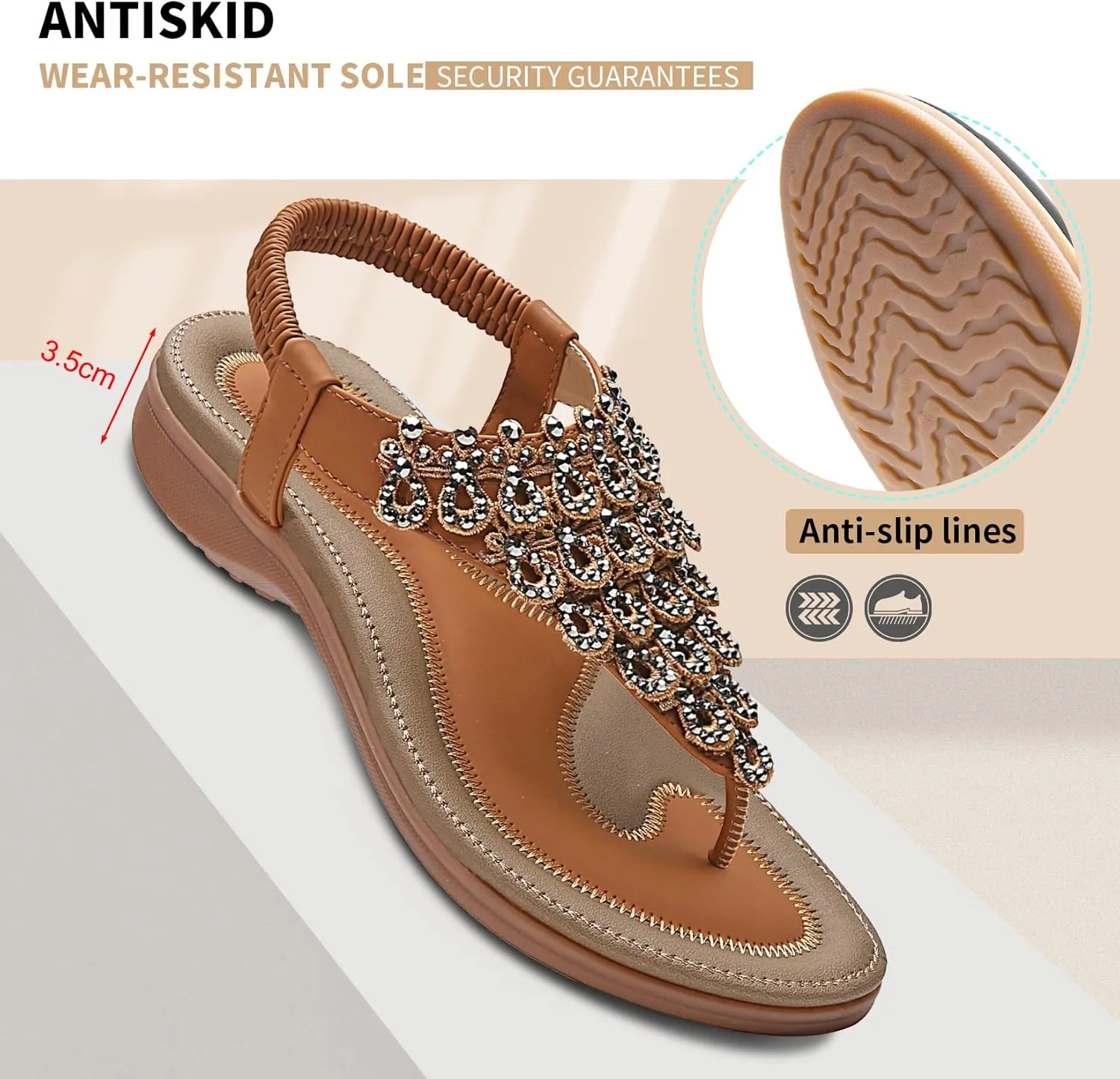 Littleplum Womens Sandals Arch Support Slingback Rhinestone Dressy Sandals Comfort Summer Shoes Ankle Strap Elastic Flats for Beach Walking