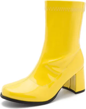 LIURUIJIA Women's Gogo Boots Mid Calf Block Heel Square Toe Zipper Boots Low Heel Short Booties