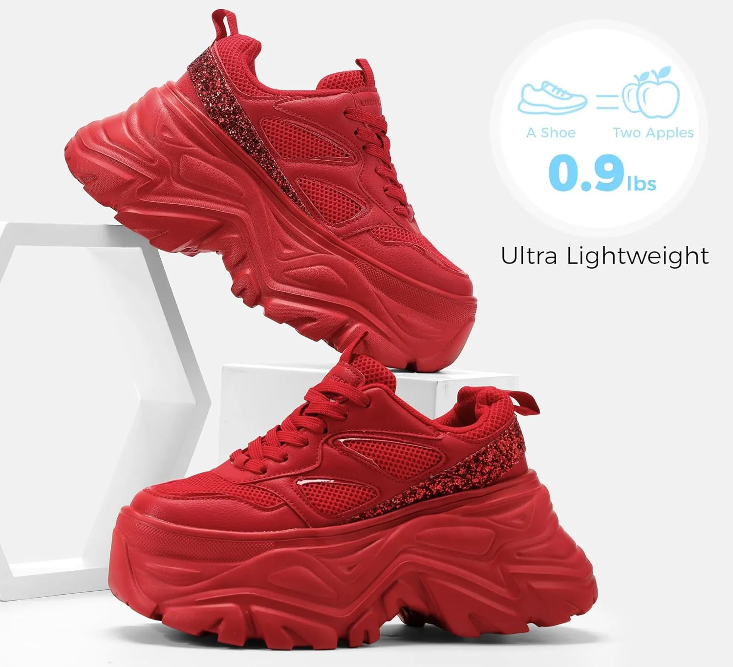 LUCKY STEP Women's Rhinestone Chunky Sneakers Breathable Lace-Up Platform Walking Sneakers Fashion Casual Dad Shoes