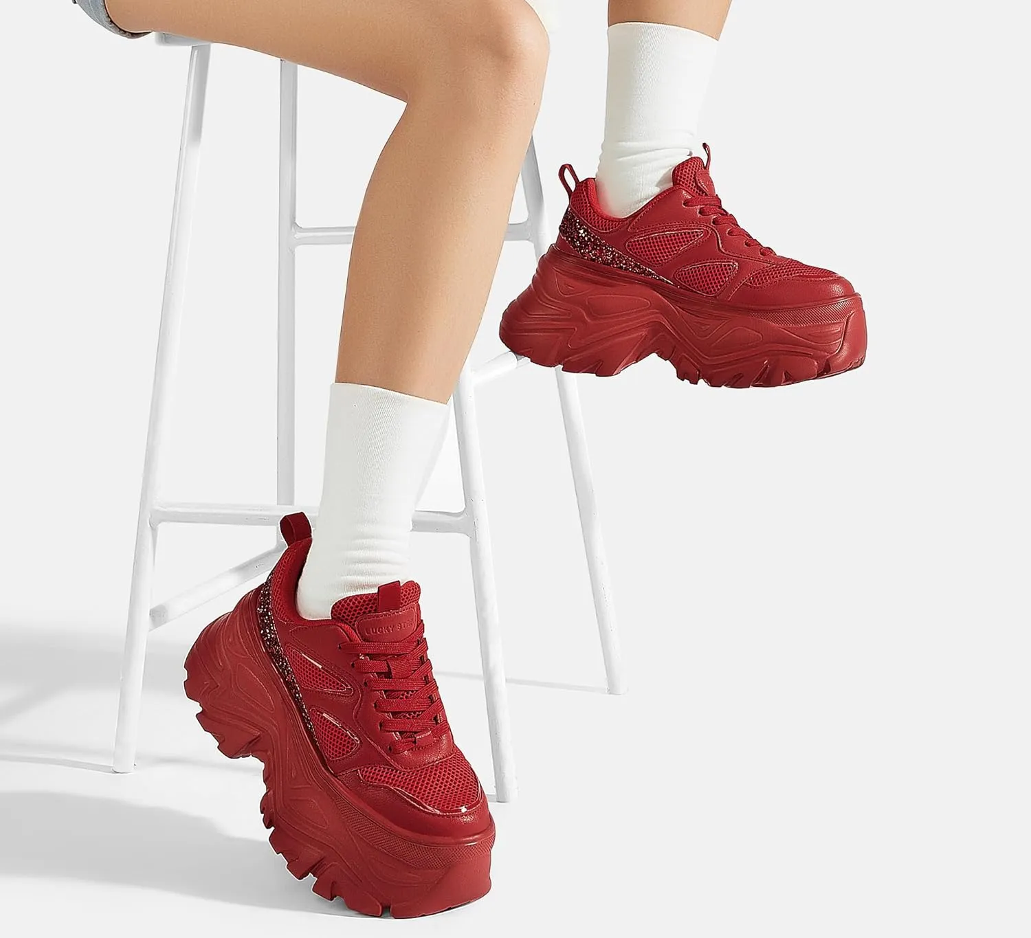 LUCKY STEP Women's Rhinestone Chunky Sneakers Breathable Lace-Up Platform Walking Sneakers Fashion Casual Dad Shoes