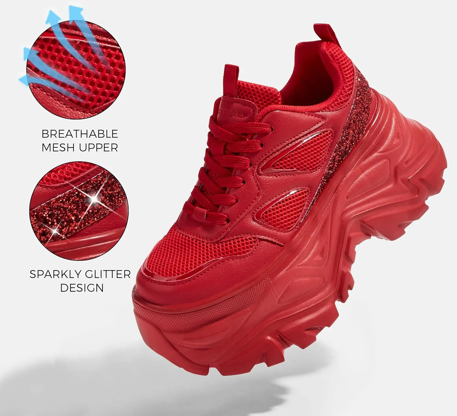 LUCKY STEP Women's Rhinestone Chunky Sneakers Breathable Lace-Up Platform Walking Sneakers Fashion Casual Dad Shoes