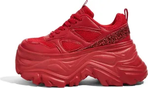 LUCKY STEP Women's Rhinestone Chunky Sneakers Breathable Lace-Up Platform Walking Sneakers Fashion Casual Dad Shoes