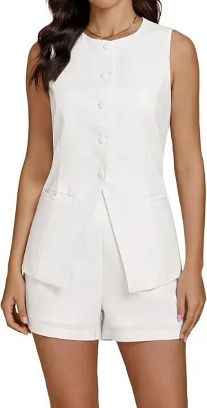 luvamia Linen Sets for Women 2 Piece Outfits Summer Shorts Button Down Vest Dressy Causal Vacation Comfy Matching Set