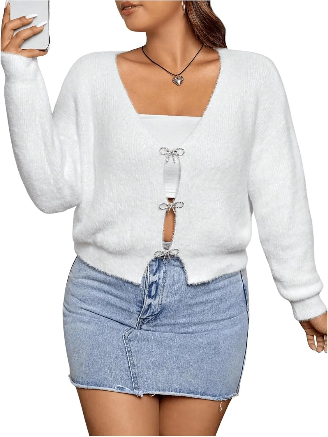 MakeMeChic Women's Plus Size Rhinestone Bow Decor Fuzzy Cardigan V Neck Long Sleeve Sweater Cardigans
