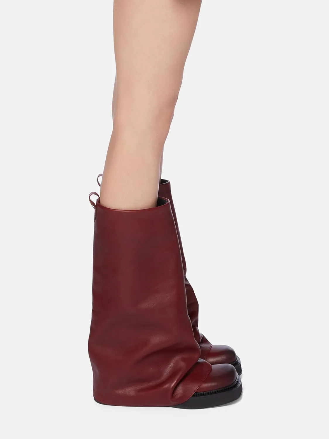 MAVMAX Women Fold Over Knee High Boots Casual Round Toe Coverd Slouched Leather Pull On Wide Calf Chunky Low Heel Platform Boots