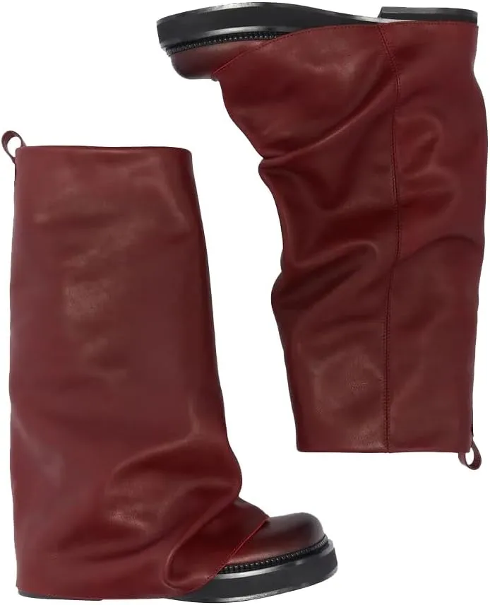 MAVMAX Women Fold Over Knee High Boots Casual Round Toe Coverd Slouched Leather Pull On Wide Calf Chunky Low Heel Platform Boots