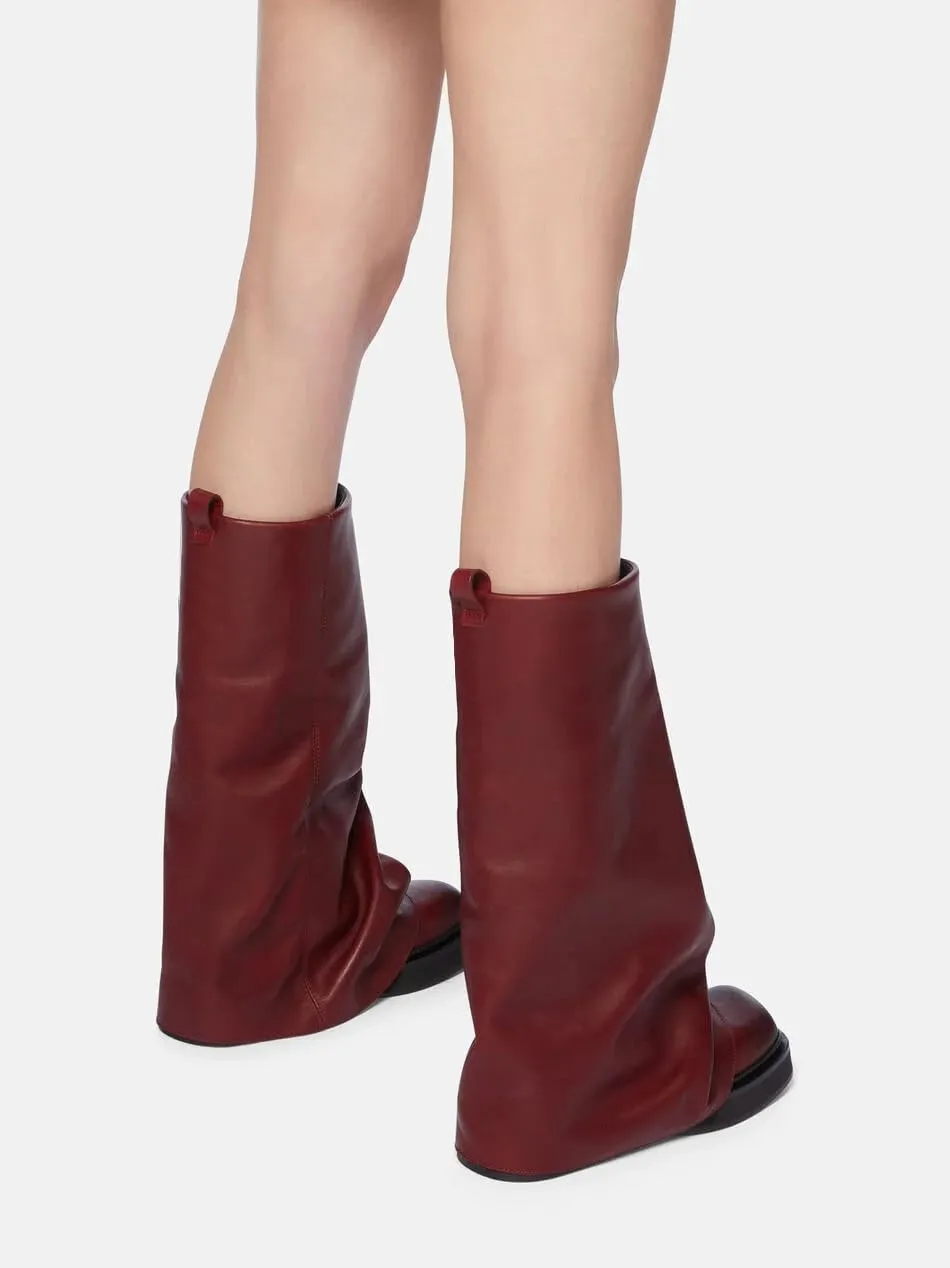 MAVMAX Women Fold Over Knee High Boots Casual Round Toe Coverd Slouched Leather Pull On Wide Calf Chunky Low Heel Platform Boots